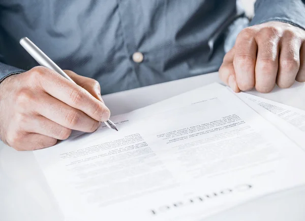 Businessman Signing Legal Document Text Silver Fountain Pen Close His — Stock Photo, Image