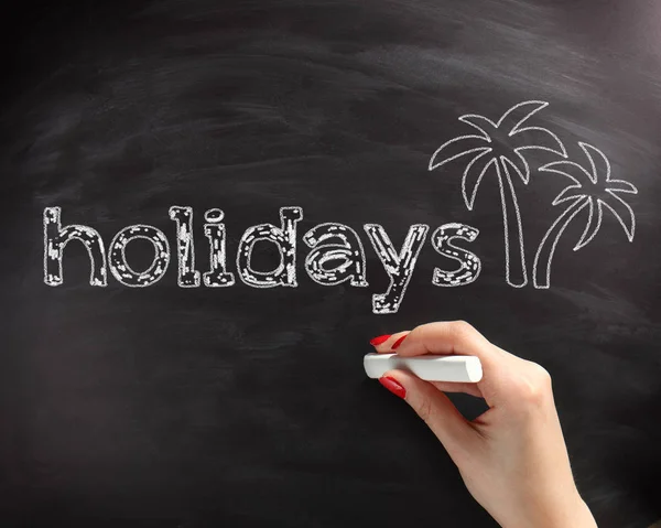 Konceptuell Handskriven Holiday Text Med Palm Tree Design Svart Kalkbräda — Stockfoto