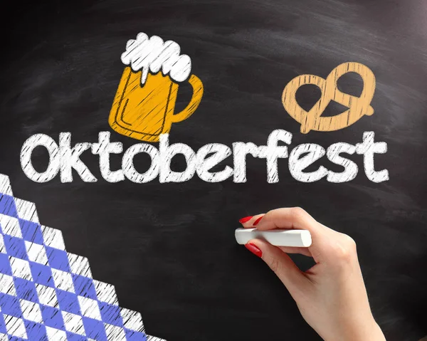 Handwritten Octoberfest Texts Beer Pretzel Drawing Design Black Chalkboard — 스톡 사진