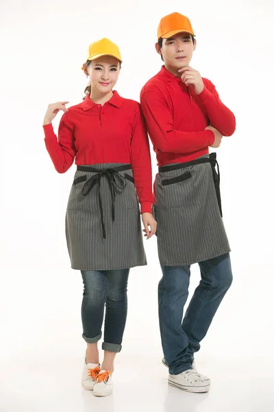Beyaz Arka Planda Giyim Meslek Çinli Garsonlar Giymek — Stok fotoğraf