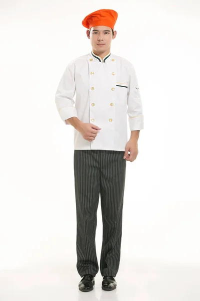 Vestindo Todos Tipos Roupas Chef Nutricionista Frente Fundo Branco — Fotografia de Stock