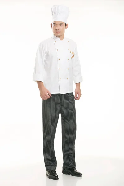 Vestindo Todos Tipos Roupas Chef Nutricionista Frente Fundo Branco — Fotografia de Stock