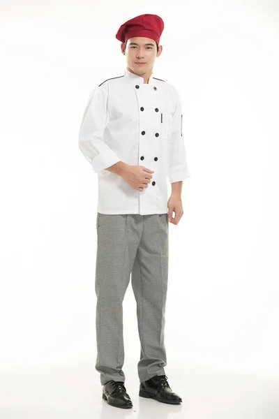 Vestindo Todos Tipos Roupas Chef Nutricionista Frente Fundo Branco — Fotografia de Stock