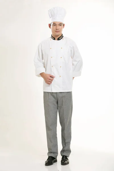 Vestindo Todos Tipos Roupas Chef Nutricionista Frente Fundo Branco — Fotografia de Stock