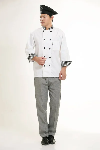 Nosí Všechny Druhy Oblečení Šéfkuchař Dietní Před Bílým Pozadím — Stock fotografie