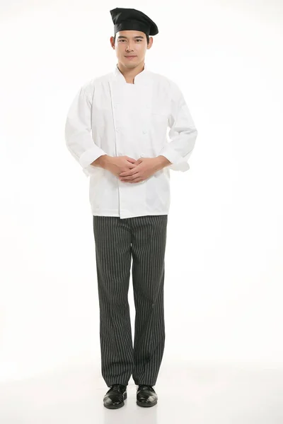 Vestindo Todos Tipos Roupas Chef Nutricionista Frente Fundo Branco — Fotografia de Stock