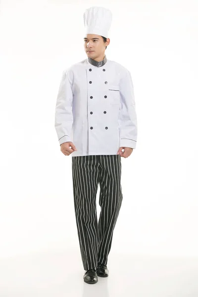 Vestindo Todos Tipos Roupas Chef Nutricionista Frente Fundo Branco — Fotografia de Stock