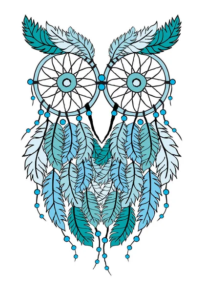 Coruja Dreamcatcher Tribal Azul Ilustração Desenhada Mão — Fotografia de Stock