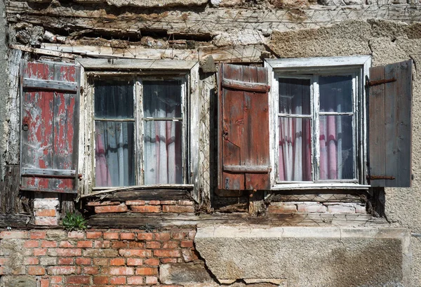 Two Old Weathered Windows Ruin House Stock Photo