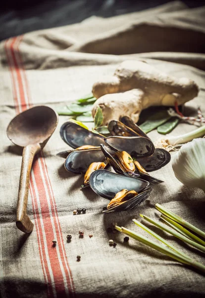 Mexilhões Marinhos Cozidos Com Ingredientes Frescos Para Jantar Frutos Mar — Fotografia de Stock