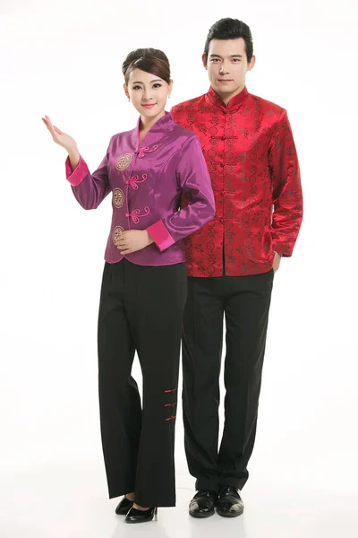 Wearing Chinese Clothing Waiter Front White Background — Stock Photo, Image