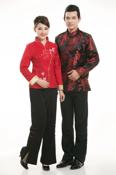 Wearing Chinese Clothing Waiter Front White Background — Stock Photo, Image