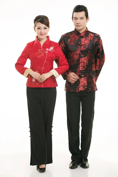 Wearing Chinese Clothing Waiter Front White Background — Stock Photo, Image