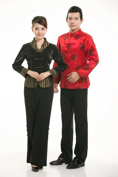 Wearing Chinese Clothing Waiter Front White Background — Stock Photo, Image
