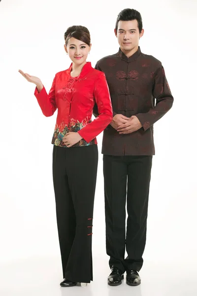 Wearing Chinese Clothing Waiter Front White Background — Stock Photo, Image