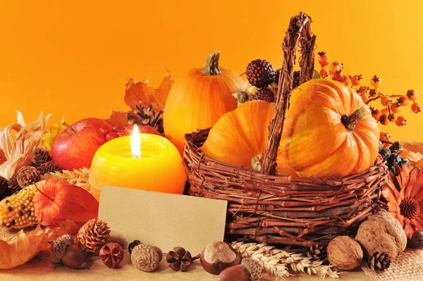 Thanksgiving Various Squashes Nuts Corn Apple Rattan Basket Candlelight Copy — Stockfoto