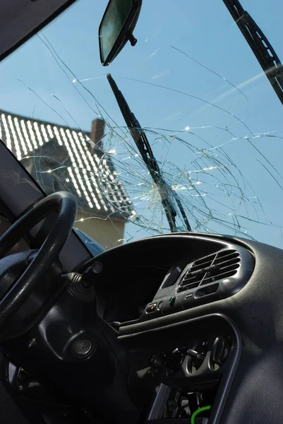 Interior Del Conductor Del Coche Después Accidente Grave — Foto de Stock