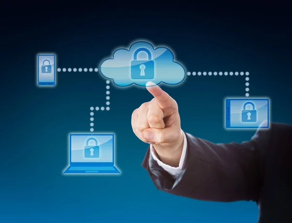 Cloud Computing Security Business Metafoor Blauwe Kleuren Zakelijke Arm Reikt — Stockfoto