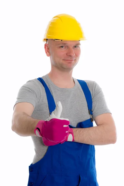 Junger Arbeiter Mit Erhobenem Daumen Blauer Latzhose Und Gelbem Hardtop — Stockfoto