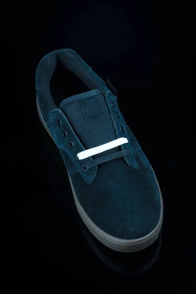 Dark Blue Velvet Man Shoe Black Background — стоковое фото