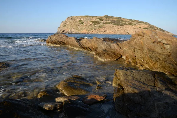 Kust Mochlos Betong Grekisk Hav Medelhavet Kväll Natt Våg Vågor — Stockfoto