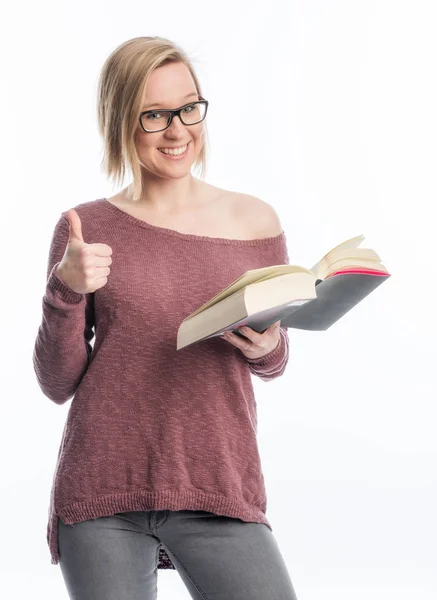 Jonge Vrouw Met Boek Tonen Duimen Omhoog — Stockfoto