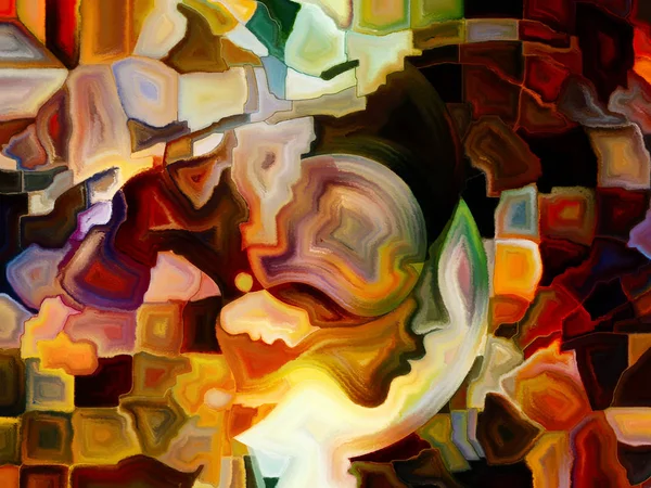 心シリーズの色 人間の顔と心 精神をテーマにカラフルな抽象的な図形要素の背景 — ストック写真