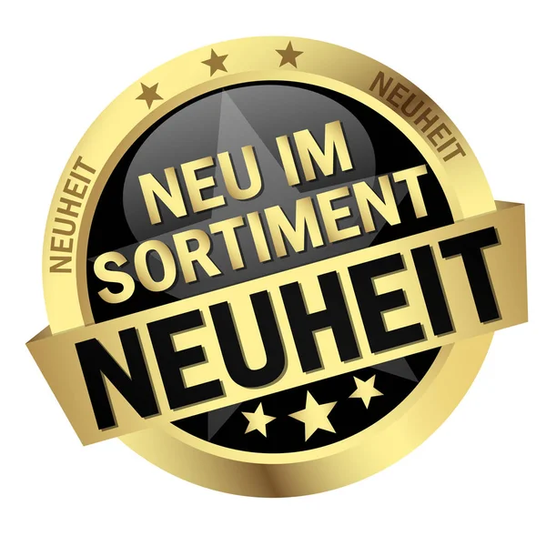 Goldknopf Mit Banner Und Textneuheit Neuheiten — Stockfoto