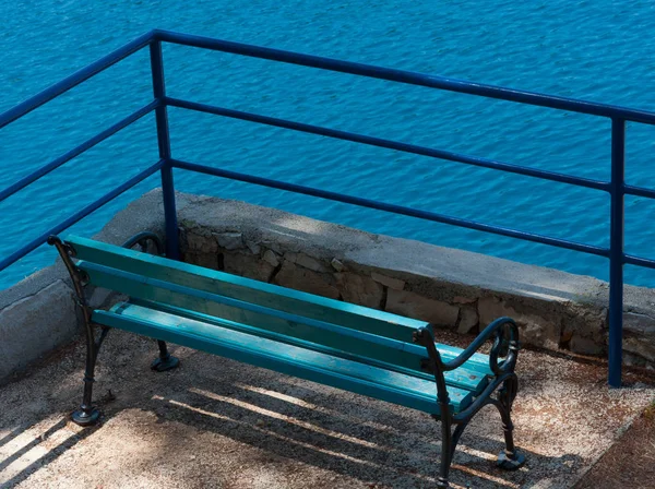 Turquois Bench Blue Handrail Mediterranean Sea — Stock Photo, Image