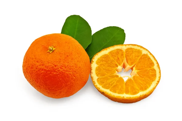 Mandarin Orange Slice Mandarin Green Leaves Isolated White Background — Stock Photo, Image