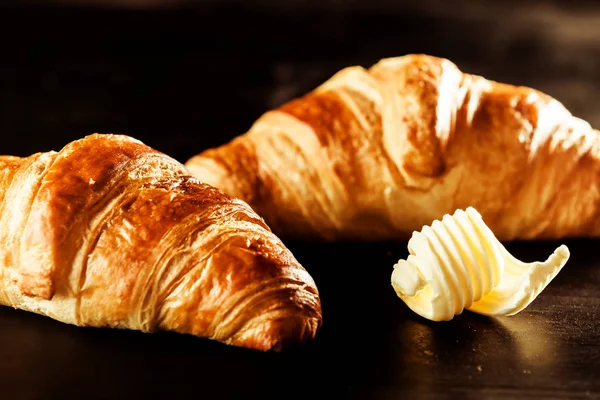 Close Freshly Baked Croissant Bread Butter Top Table Darker Background — Stock Photo, Image