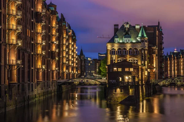 Speicherstadt Hamburg Nella Notte Come Lunga Esposizione — Foto Stock