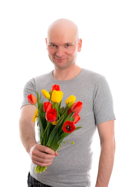 Young Man Bald Head Bunch Tulips Front White Background — Stock Photo, Image