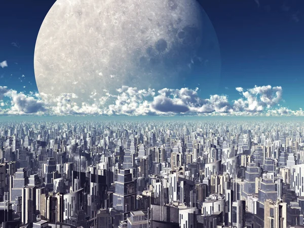 Számítógép Generált Illusztráció Egy Futurisztikus Nagyváros Előtt Túlméretezett Hold — Stock Fotó
