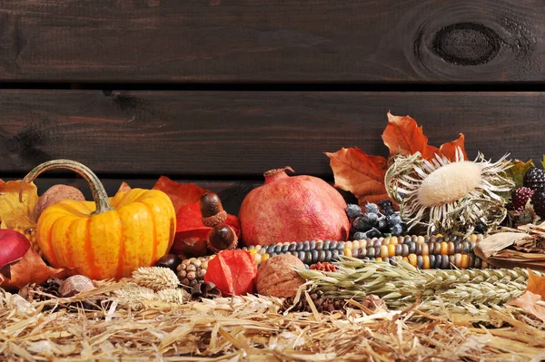 Thanksgiving Fruits Vegetables Straw Front Old Weathered Wooden Wall Copy — ストック写真