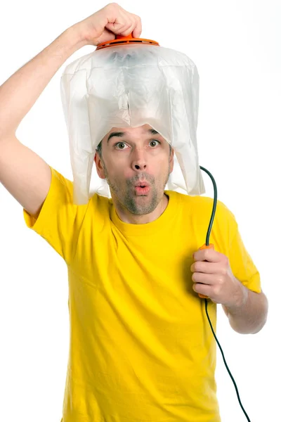 Louco Homem Branco Com Secador Cabelo — Fotografia de Stock