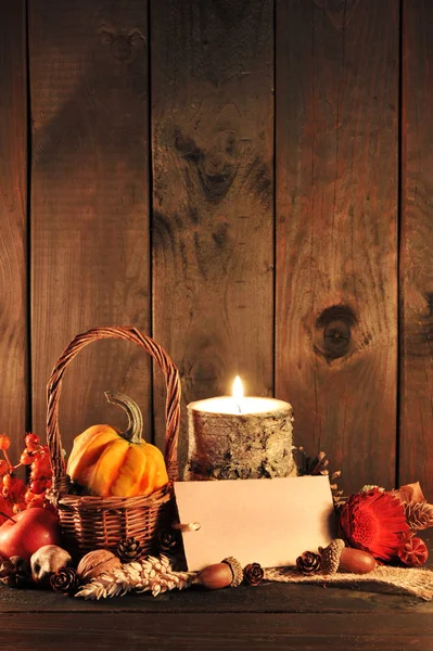 Small Pumpkin Basket Old Weathered Wooden Boards Candlelight Copy Space —  Fotos de Stock
