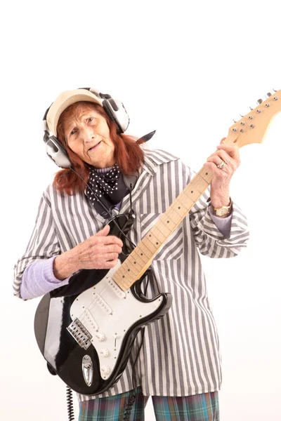 Funny Elderly Lady Plays Passionate Electric Guitar — Stock Photo, Image