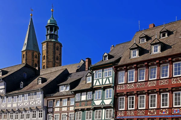 Casas Meia Madeira Schuhhof Goslar Torres Igreja Mercado — Fotografia de Stock