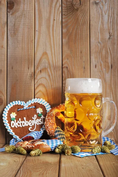 original bavarian gingerbread heart with oktoberfest beer stein and pretzels\n