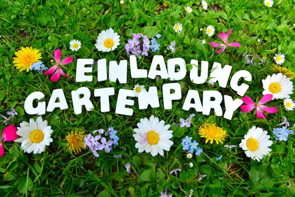 garden party garden party text letters on colorful flower meadow