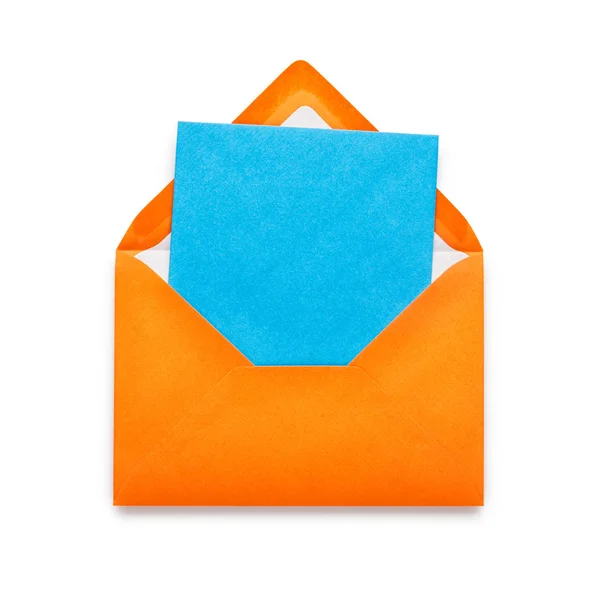 Envelope Laranja Com Cartão Azul Isolado Fundo Branco Objeto Com — Fotografia de Stock