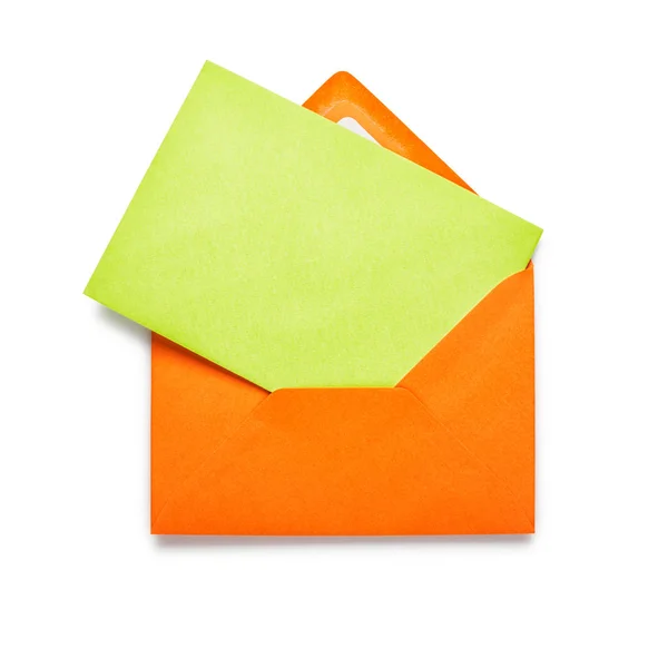 Oranje Envelop Met Groene Kaart Geïsoleerd Witte Achtergrond Voorwerp Met — Stockfoto