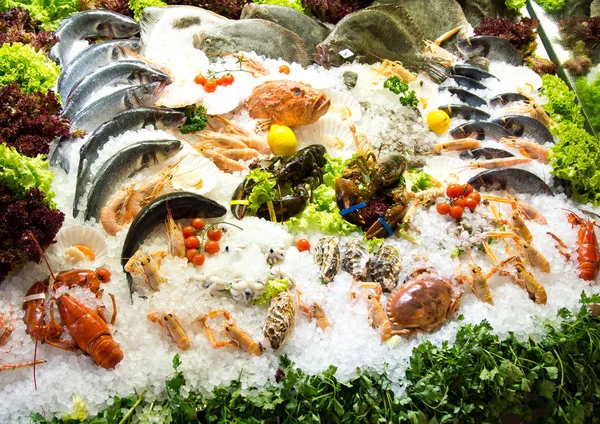 Delicious Looking Display Fish Seafood All Kinds Fish Belongs Unfortunately — Stock Photo, Image