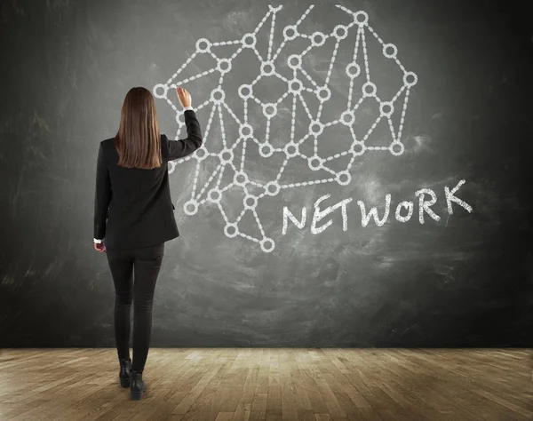 Задня Точка Зору Брунетт Бізнес Жінка Ілюстрація Complicated Network Connectivity — стокове фото