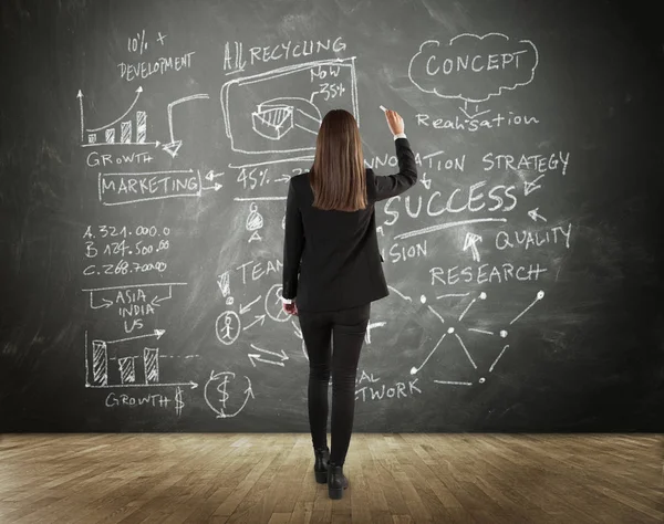 Achteraanzicht Van Brunette Business Woman Tekenen Complicated Detailed Strategy Plan — Stockfoto