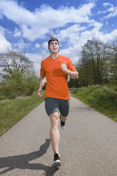 Longitud Total Frontal Joven Ropa Deportiva Camino Asfalto Hacia Jogging — Foto de Stock