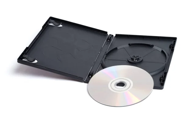 光沢のあるシルバーのDvdと白い背景に一人で座っている無地の黒いケース — ストック写真