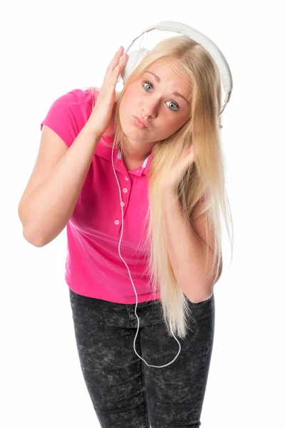 Meisje Met Headset Maakt Grote Ogen Een Rozenknop Mond — Stockfoto