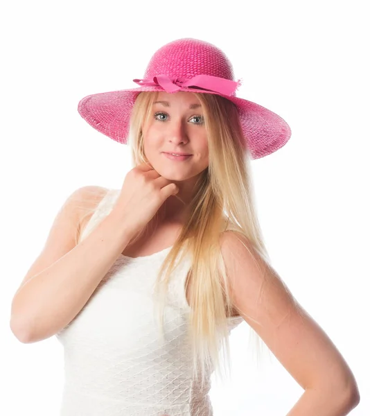 Blond Meisje Met Zomer Hoed — Stockfoto